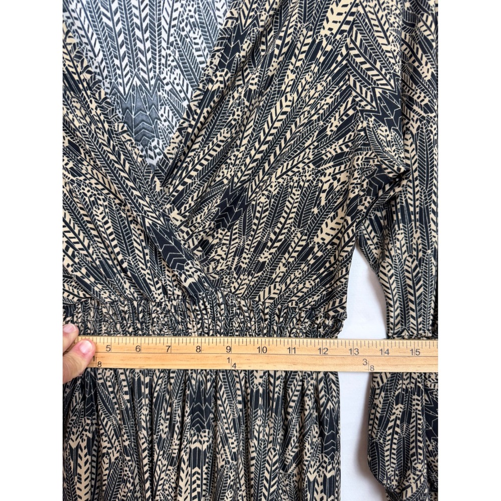 Sapogee Women Dress M Tan Black Geometric Leaf Smocked Waist Ruffle Bell Sleeve - Picture 8 of 14